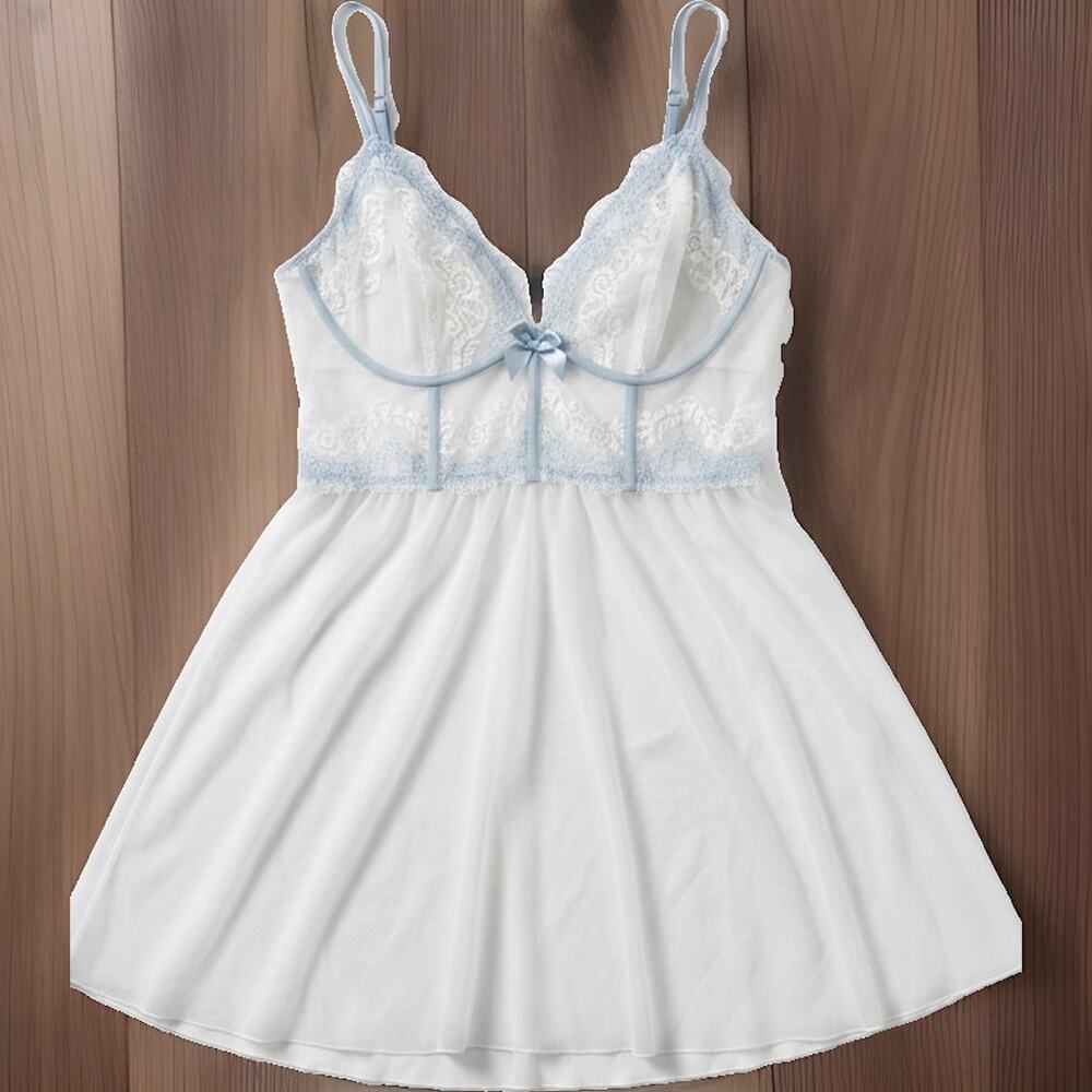 Y2K DKNY White Sheer Babydoll Chemise Blue Lace Trim Corset Top Lingerie Sexy L